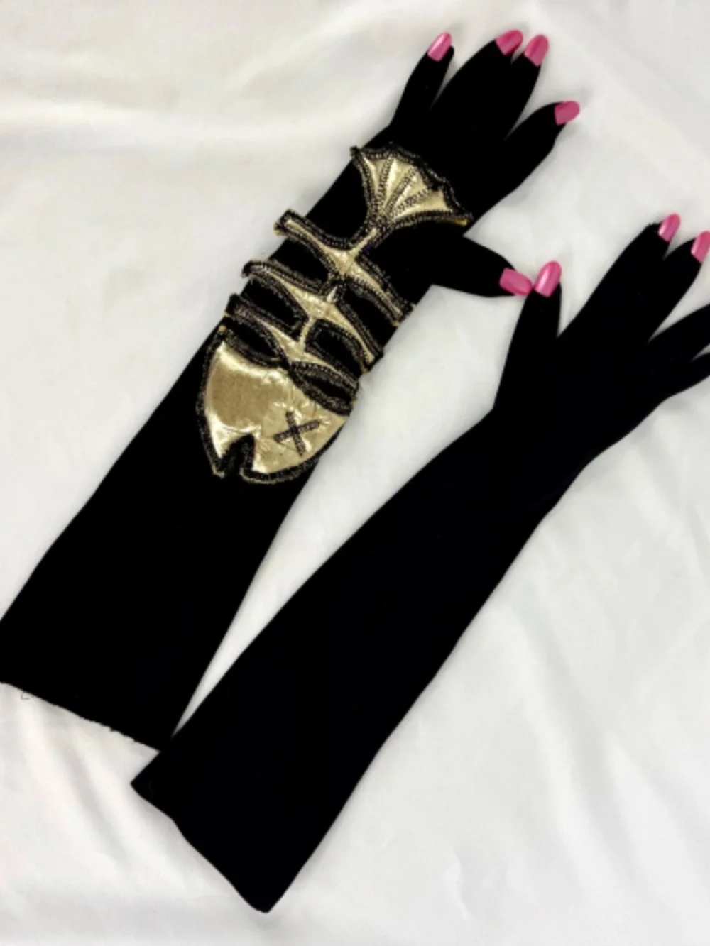 Halloween Costume Black Gloves w Pink Fake Nails Fish Bones Skeleton Flawed